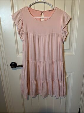Altar'd State Light Pink Tiered Flutter Sleeve Midi Dress